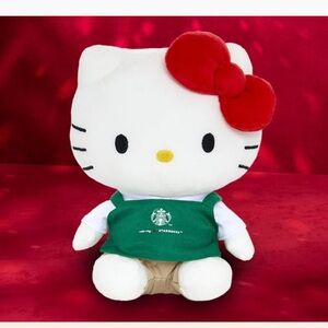 Starbucks Hello Kitty Plush Doll with Red Bow and Green Apron